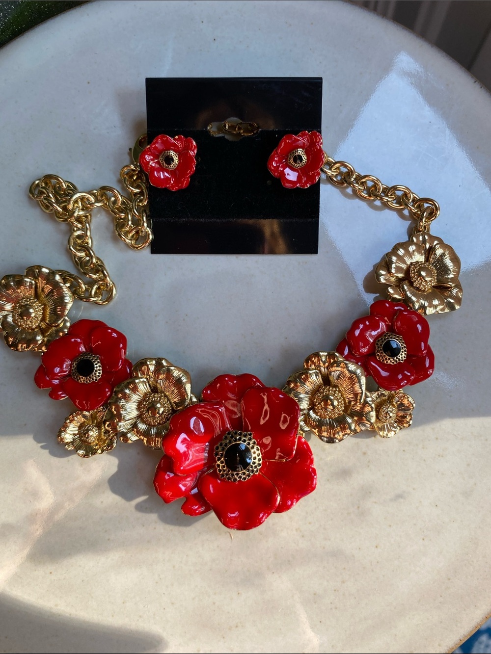 Talbots Red and Gold Poppy bib style Statement Necklace with Matching Earrings